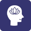 A blue and white icon of a person with a lotus flower in their head.